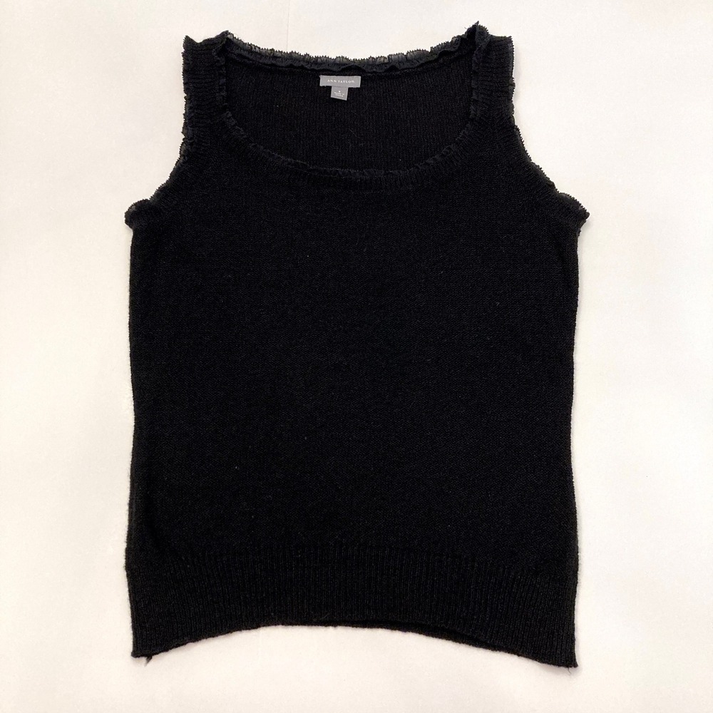 Ann Taylor Black Wool Blend Tank Top Womens Small Knit Lace Edge Scoop Neck‎